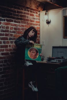 A woman holding a Hank Williams vinyl in a cozy room with exposed brick walls and warm lighting.