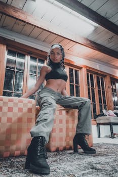 Trendy young woman in urban attire posing in a stylish interior setting with bold architecture.