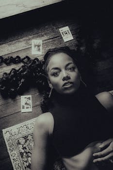 Artistic black and white portrait of a woman on a wooden floor with photos.