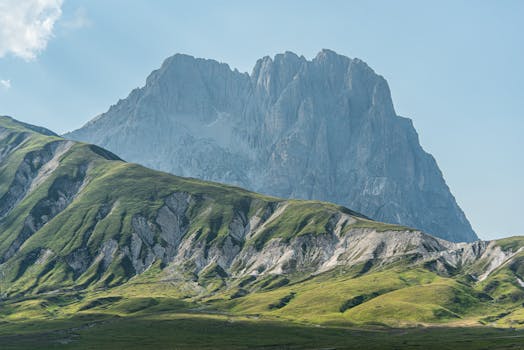 Breathtaking view of Gran Sasso mountains in Abruzzo, Italy, under a clear sky.