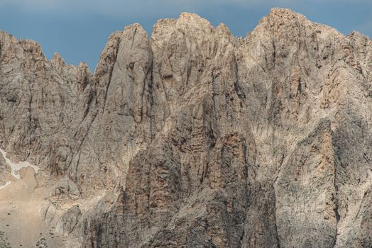 High-resolution photo of towering rugged mountain peaks against a clear sky.