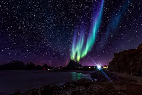 Northern lights on sky in Lofoten islands