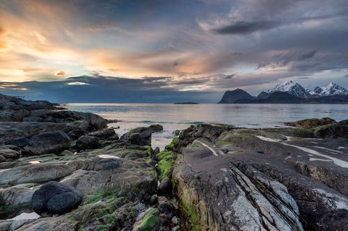 Free Breathtaking coastal landscape of Lofoten Islands at sunset, Norway. Stock Photo