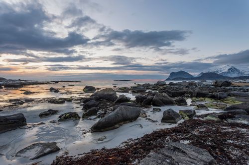 Free Idyllic view of Lofoten coastline with rocks and mountains during sunset. Stock Photo