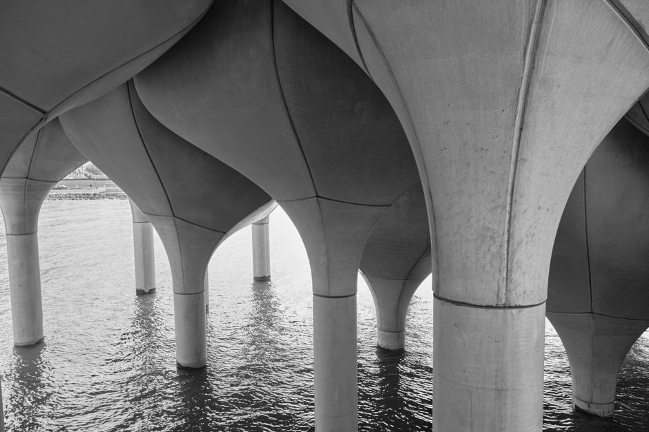 Black and white photo of modern architectural columns rising from the river surface, creating a unique visual pattern.