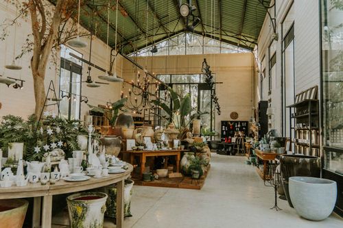 Free Explore a rustic store filled with handmade pottery, ceramics, and greenery, ideal for interior decor enthusiasts. Stock Photo