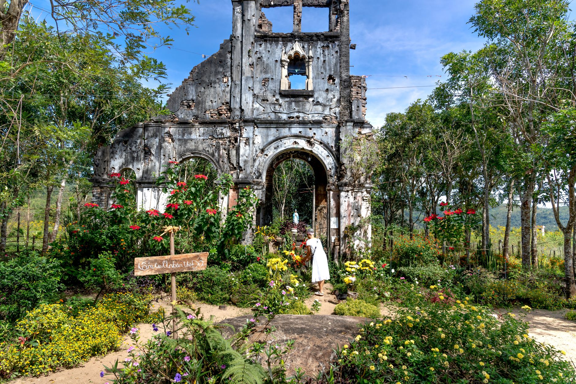 Old church ruins surrounded by a lush garden in Vietnam, showcasing vibrant nature.