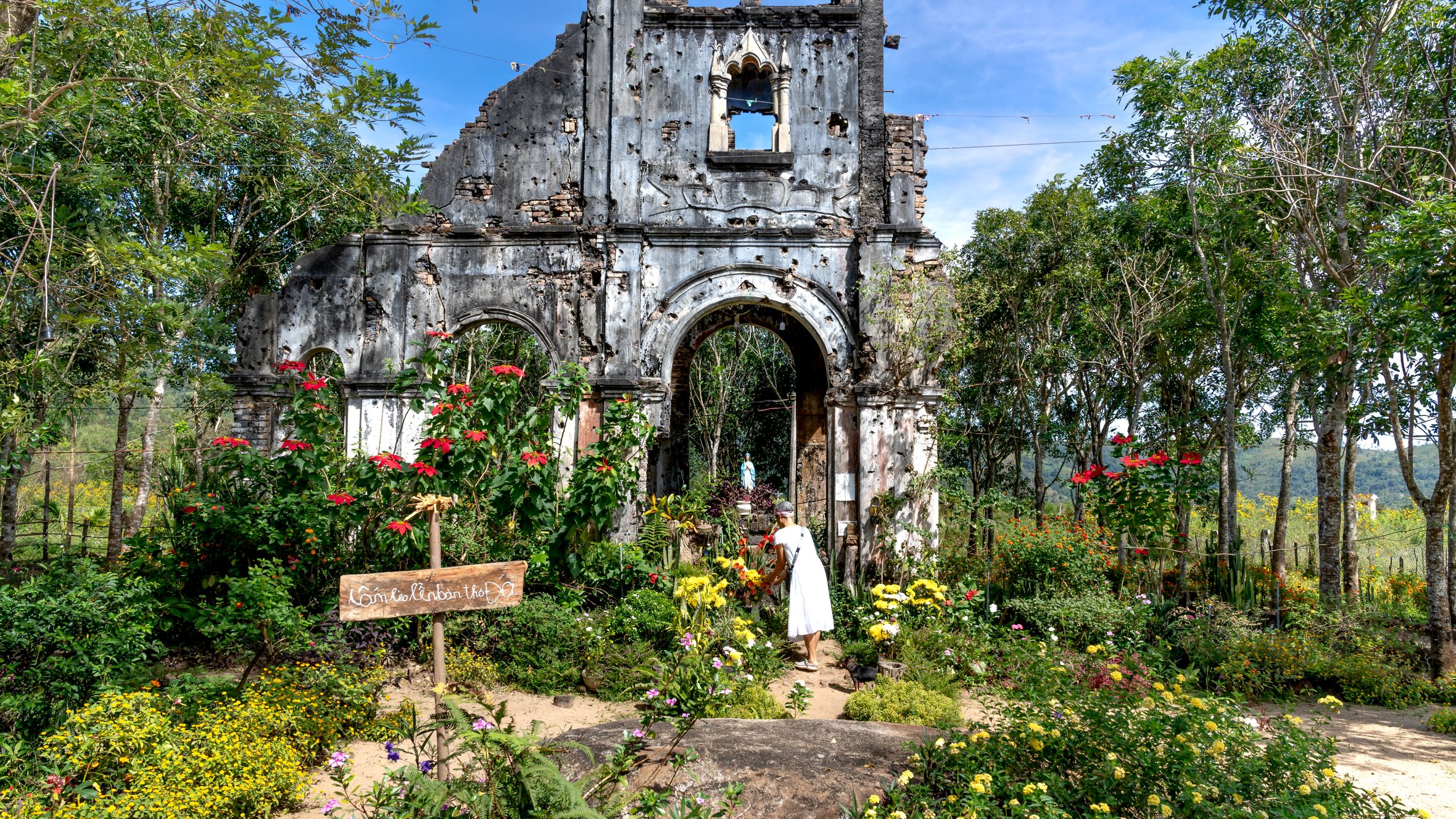 Old church ruins surrounded by a lush garden in Vietnam, showcasing vibrant nature.