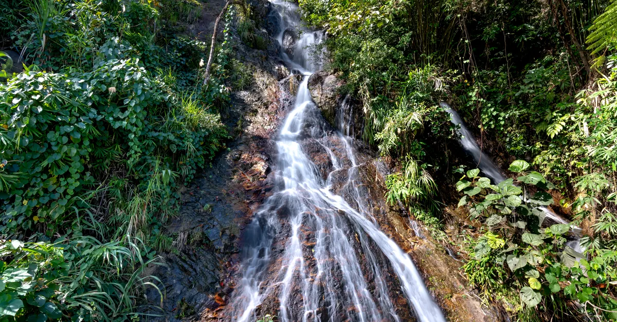 Cascade d'Asah à l'île de Tioman, Malaisie, avec ses eaux turquoise entourées de jungle luxuriante
