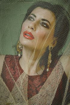 Sophisticated portrait of a woman with red lips behind mesh netting.