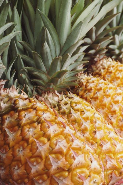 A detailed vertical close-up of fresh pineapples showcasing their texture and color under natural light.