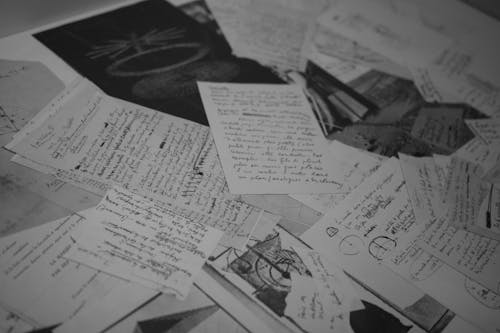 Close-up of Scattered Notes and Illustrations 