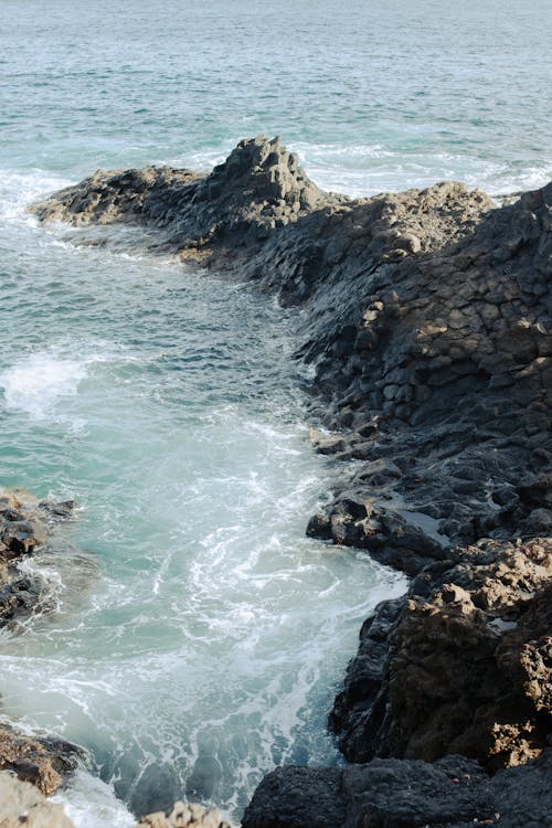 View of Waves Crashing on a Rocky Shore 