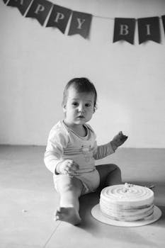 Cute baby celebrating first birthday with cake indoors.