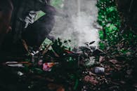 烟雾、树叶和垃圾升腾的森林场景，捕捉了自然与废弃物的交融