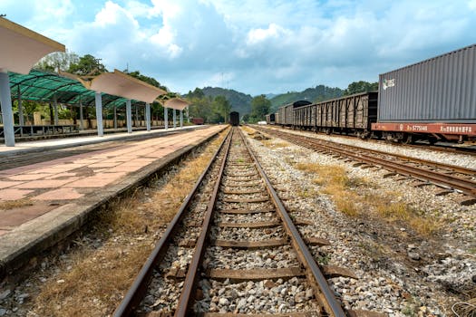 A cargo train waits on railway tracks at an empty outdoor station, surrounded by greenery and cloudy skies.