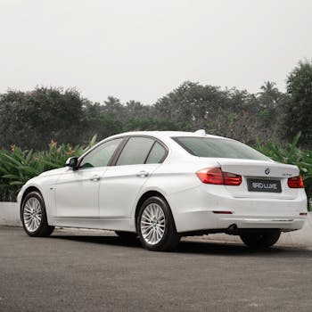 Elegant white luxury sedan parked outdoors on a clear day, perfect for lifestyle and automotive themes.