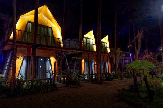 Cozy illuminated wooden cabins surrounded by trees at night, creating a serene woodland retreat atmosphere.