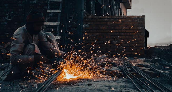 A blue-collar worker cutting metal at a construction site during dusk with sparks flying vividly.