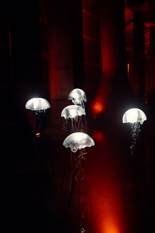 Free Modern art installation of illuminated jellyfish sculptures with red lighting in Turkey. Stock Photo
