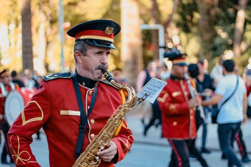 Free Vibrant marching band performance in Denizli, Turkey captured outdoors with musicians in uniform. Stock Photo