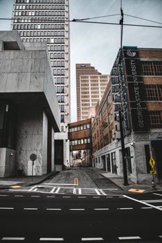 View of downtown Atlanta with modern buildings and urban streetscape.