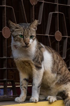 Close-up of a tabby cat sitting on a balcony railing in Mumbai, India. Perfect for animal lovers.
