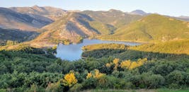 在晴朗的天空下，美丽的山景和宁静的湖泊环绕着郁郁葱葱的绿色山丘