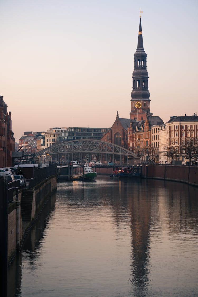 A Metal Bridge Near St. Catherine Church In Hamburg, Germany