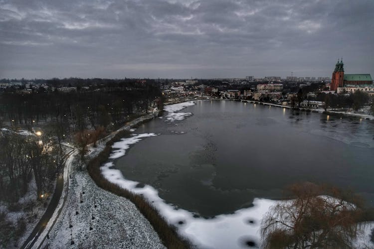 Aerial Shot Of A Frosty Lake