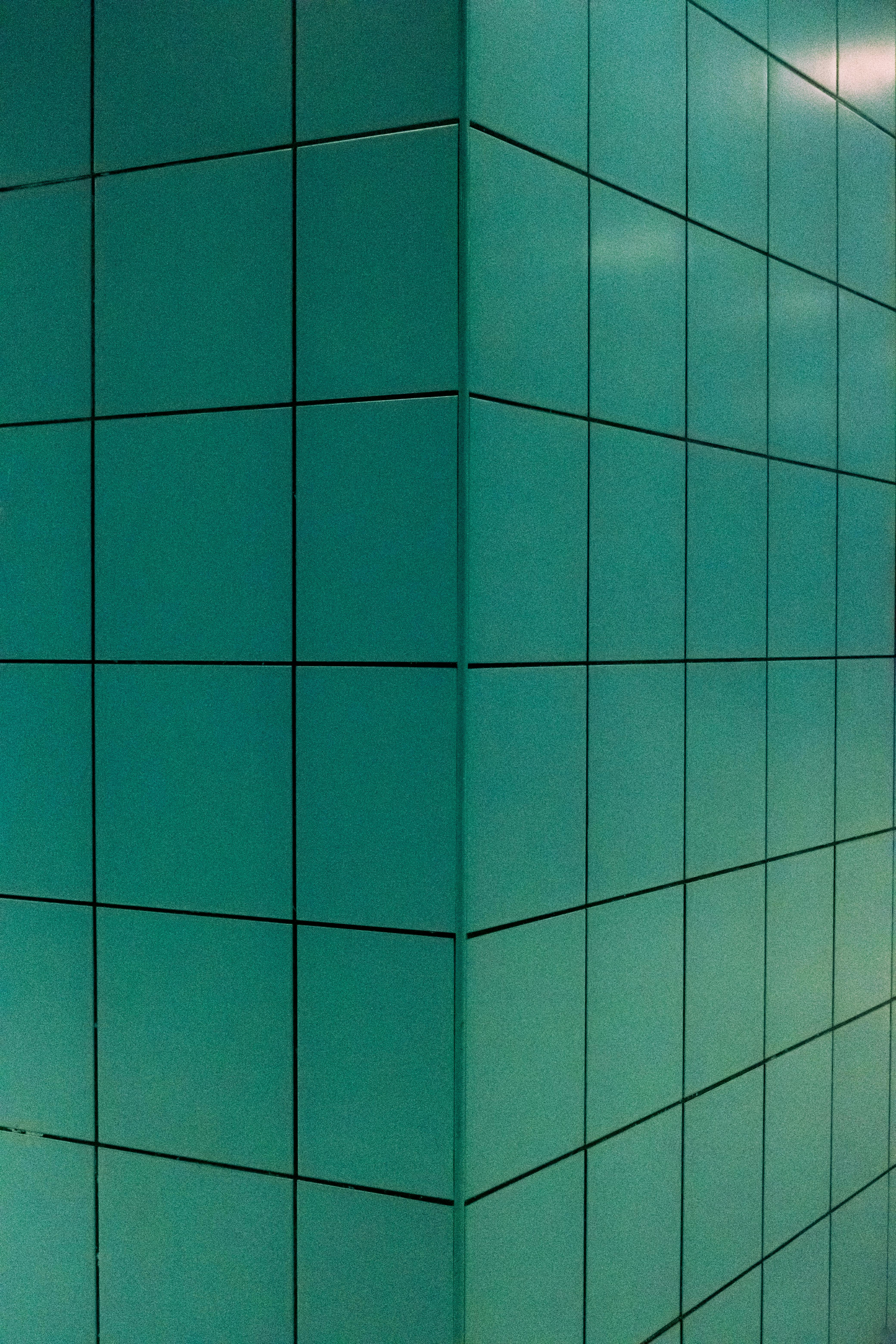 Close-up of a vibrant green tiled corner wall, showcasing symmetry and textures.