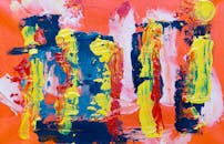 这幅充满活力的抽象丙烯画，画布上有着大胆的色彩和粗犷的笔触纹理