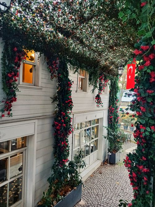 Free Charming alley with clinging red flowers on white walls, Turkish flag visible. Stock Photo
