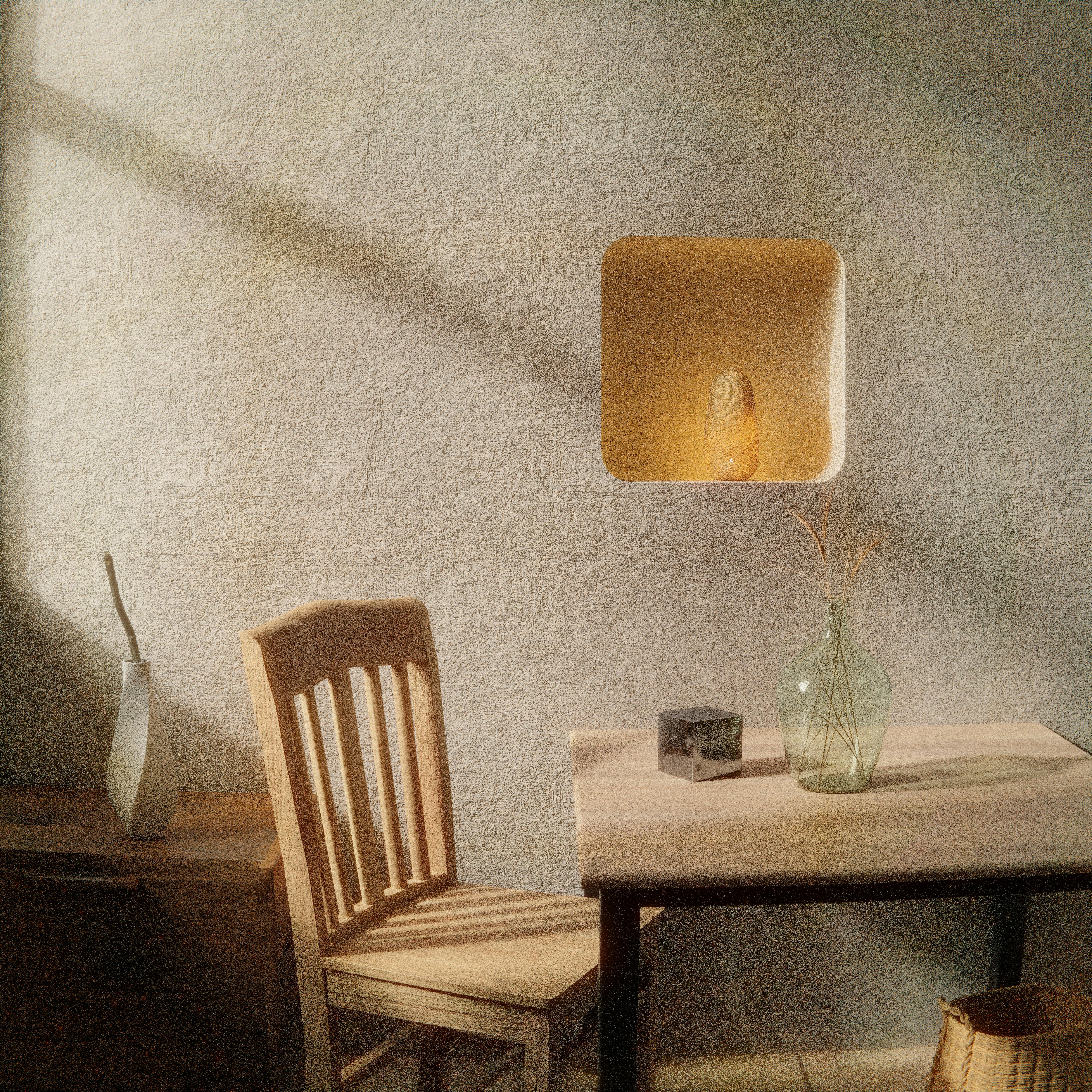 Warm minimalist interior featuring wooden furniture and soft lighting for a cozy atmosphere.