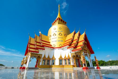 Free Beautiful Thai temple with golden embellishments against a clear blue sky in Bangkok, Thailand. Stock Photo