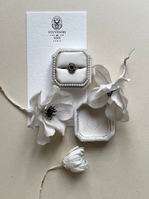 A sophisticated ring in a white jewelry box surrounded by delicate white flowers on a neutral background.