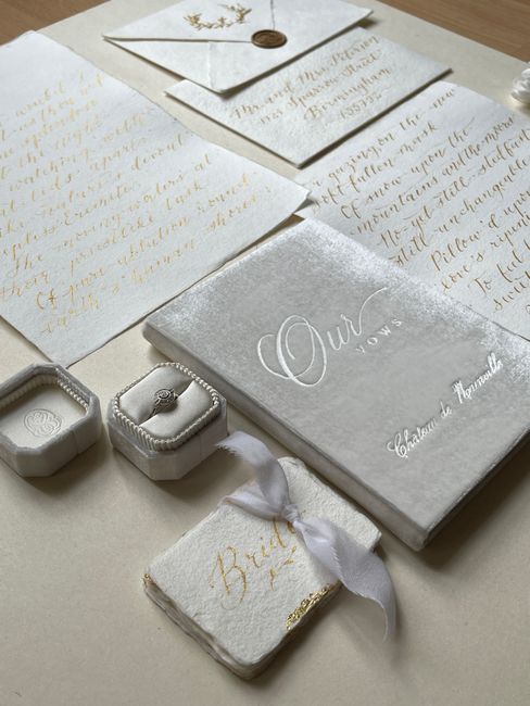 A flat lay of wedding vows, a ring, and stationery creates a romantic and elegant setting.