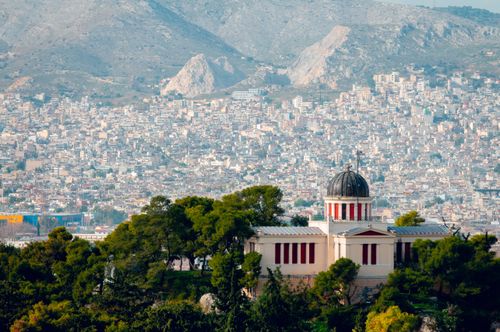 Free Panoramic view of Athens with the National Observatory in the foreground. Stock Photo