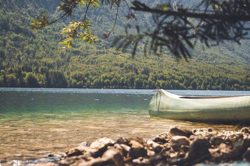 Free A peaceful scene with a canoe moored by a clear lake surrounded by lush forest. Stock Photo