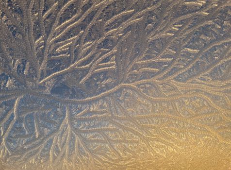 Close-up of intricate frost patterns on a window with a warm golden light.