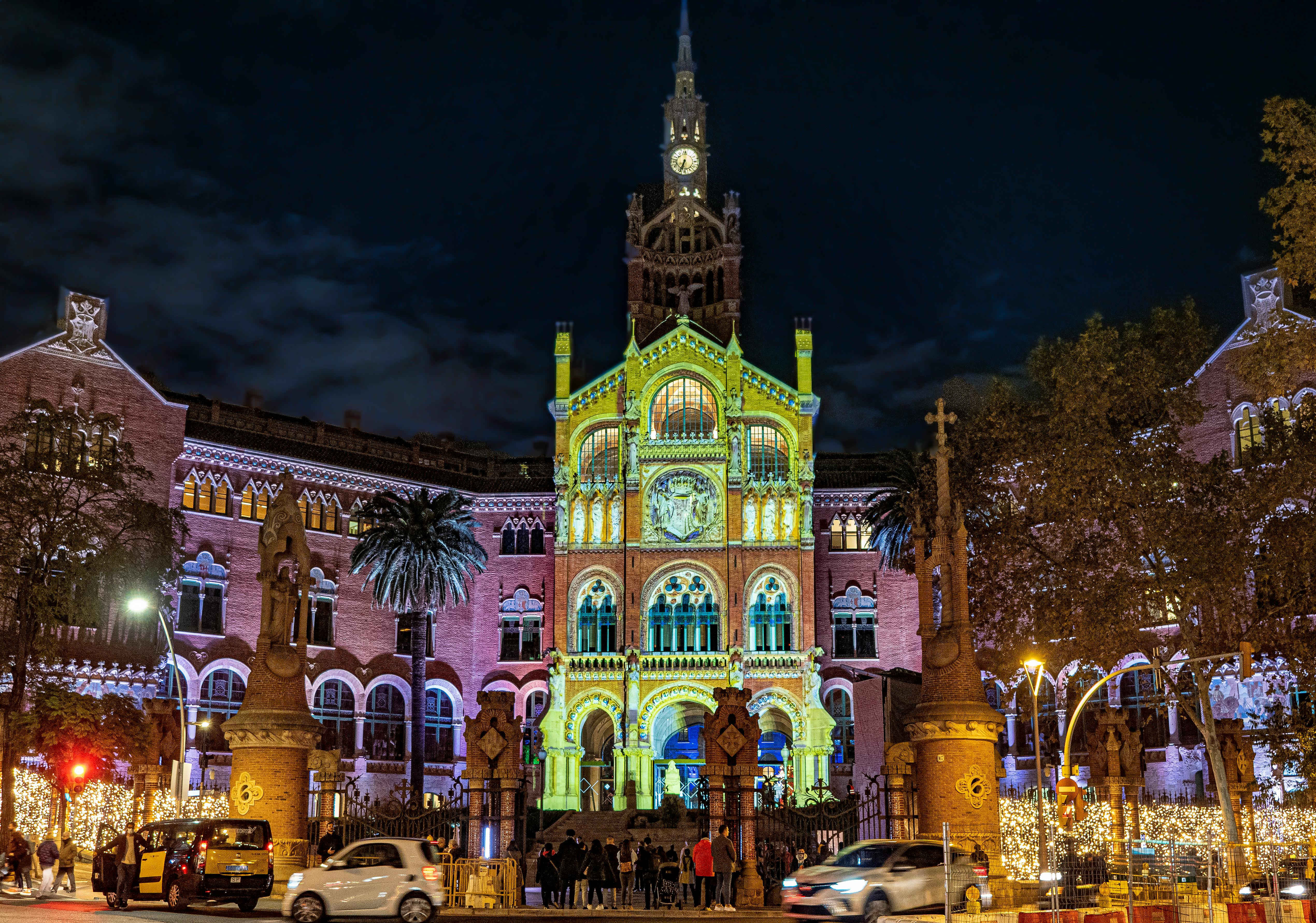 illuminated sant pau hospital in barcelona