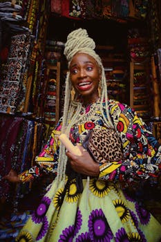 Colorful fashion portrait of a smiling woman in traditional attire, Lagos market.