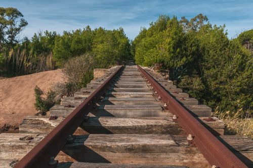 Free Explore rustic railway tracks amidst lush greenery in Kaiafas, Greece, under a clear blue sky. Stock Photo