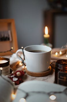 Warm and inviting scene with a white ceramic cup surrounded by candles and fairy lights.