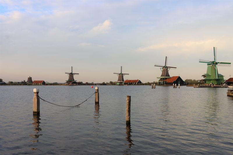 Traditional windmills along the water at Zaanse Schans