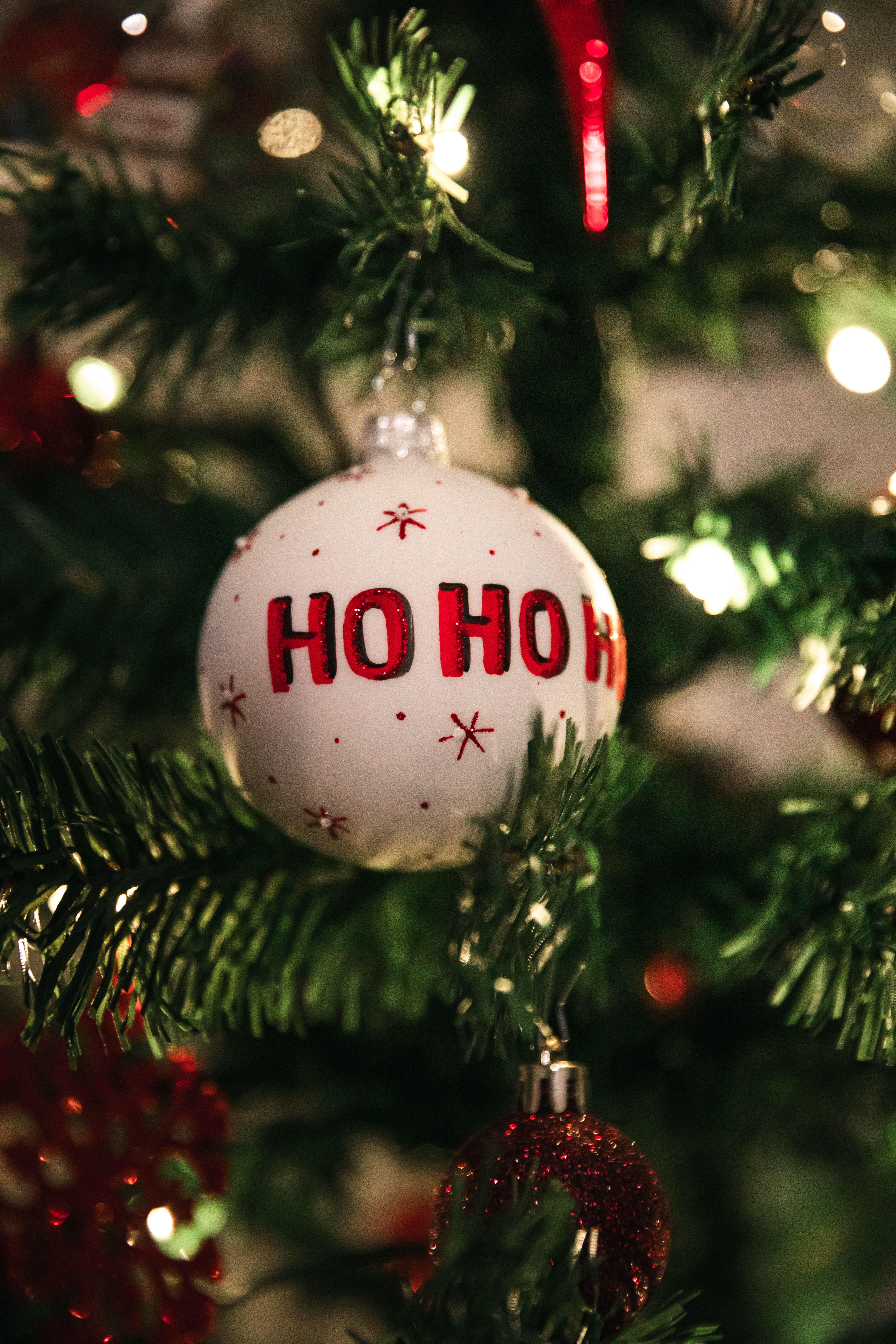 Close-up of Christmas ball with 'Ho Ho Ho' text on a decorated tree.