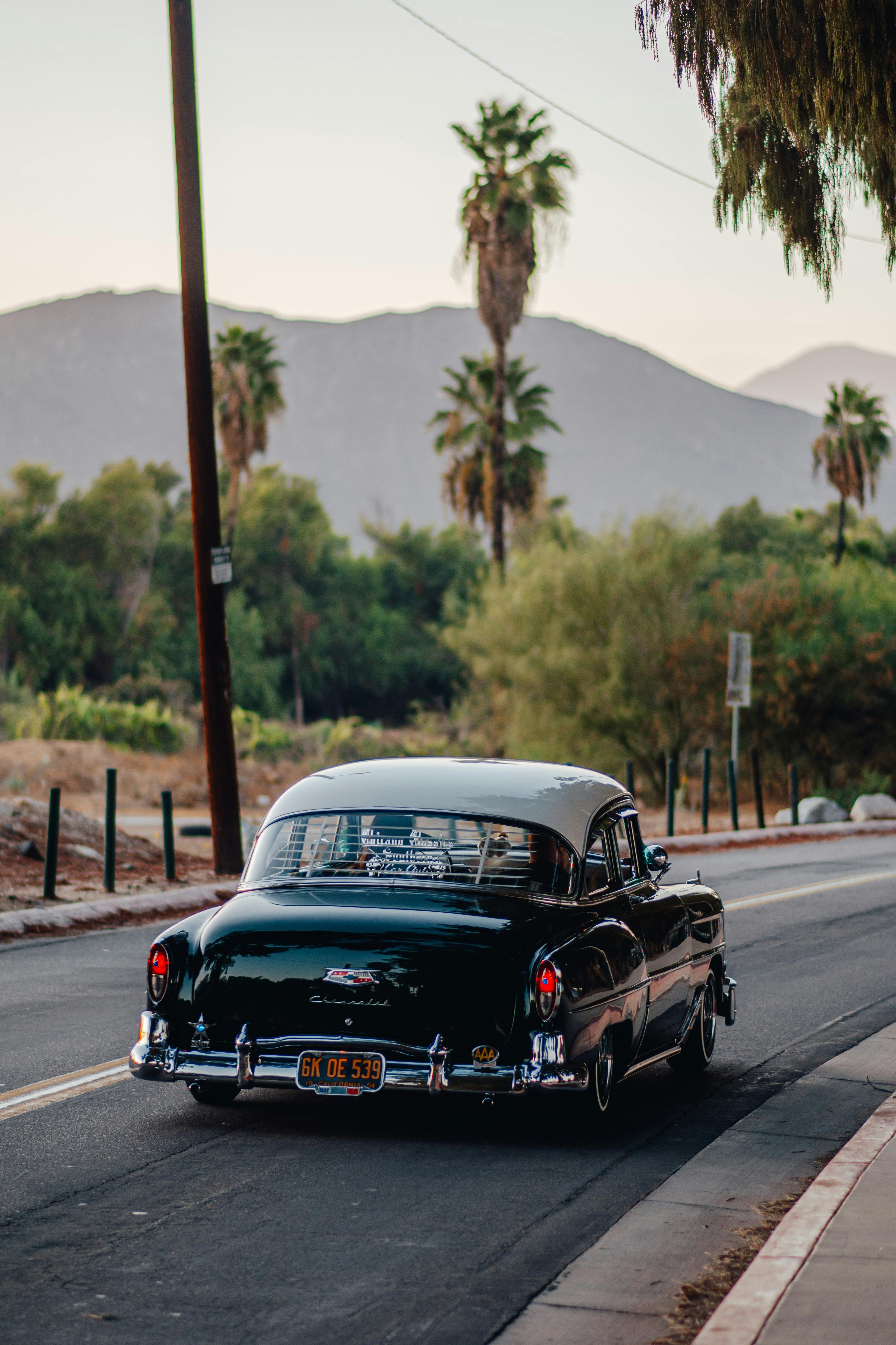 Vintage car driving on a serene road lined with palm trees and mountains.