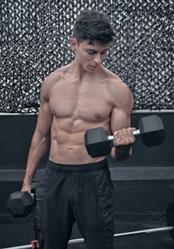 A muscular, shirtless man performs dumbbell bicep curls in a gym setting.