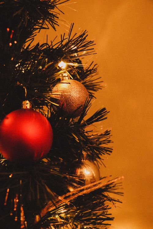 Free Close-up of a decorated Christmas tree with festive ornaments and warm lighting. Stock Photo