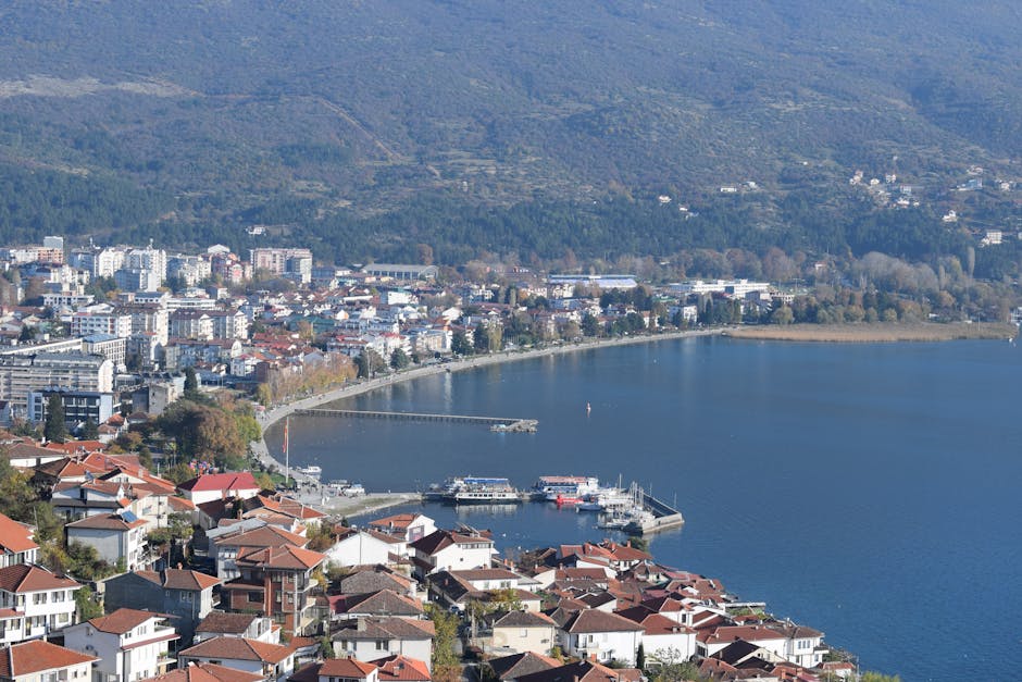 Panoramic aerial view of Ohrid, North Macedonia, showcasing the lakeside and urban landscape. in Visit